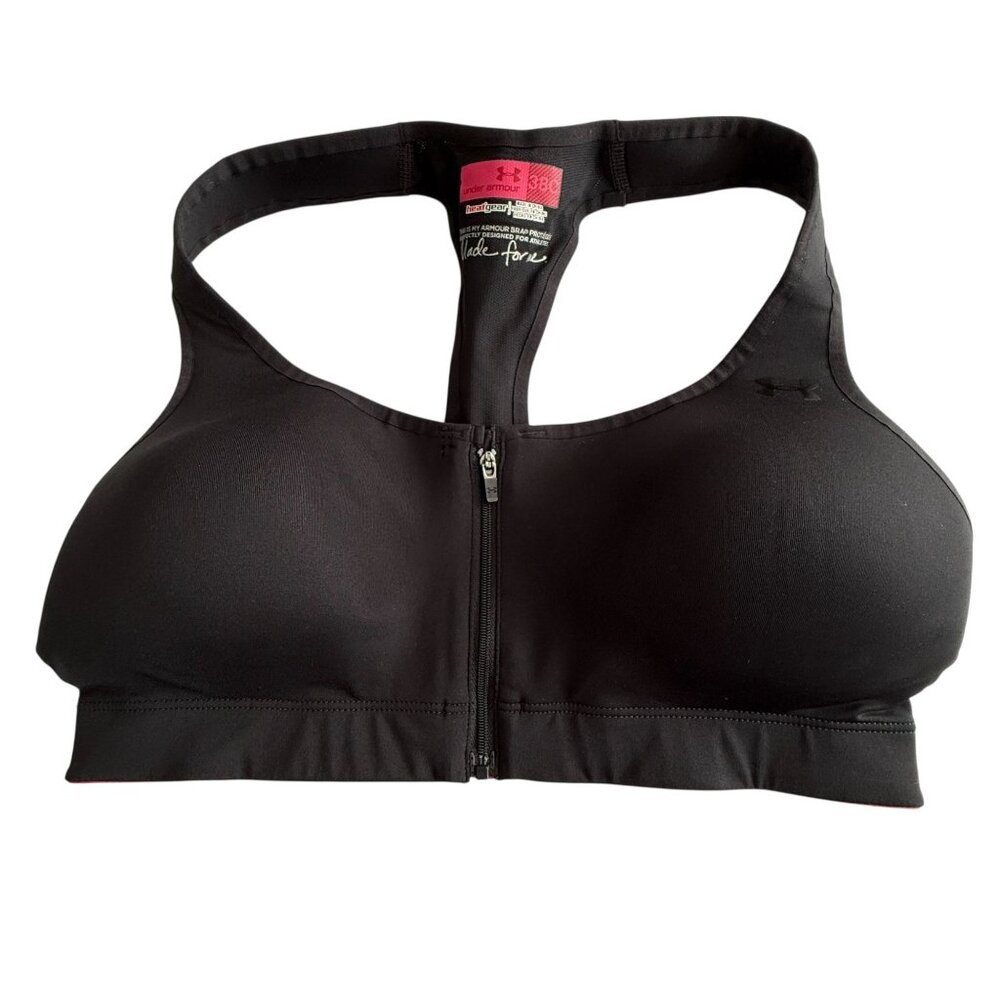 Under Armour Womens Protegée Heat Gear Sports Bra Black Front Zip Size 38C